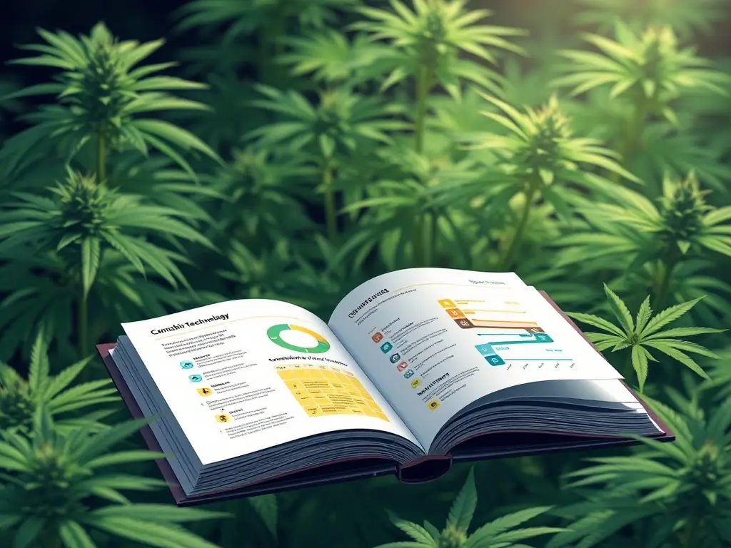 A digital cannabis technology guidebook with a sleek design, set against cannabis plants.