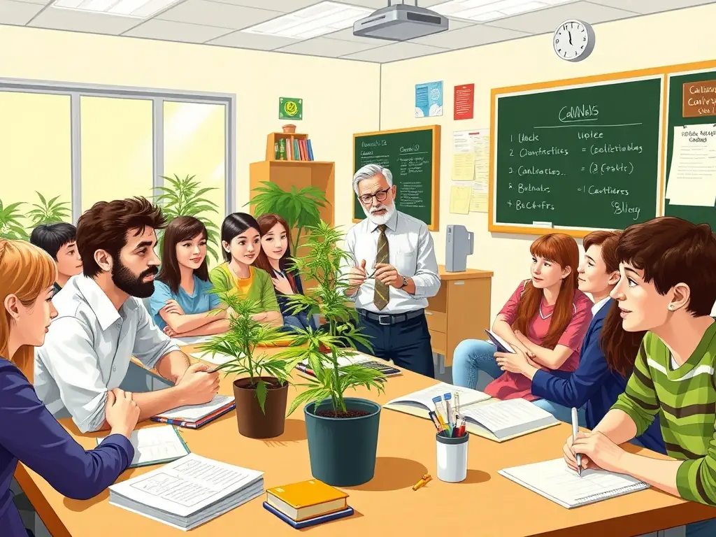 Students learning about cannabis cultivation techniques in a classroom.