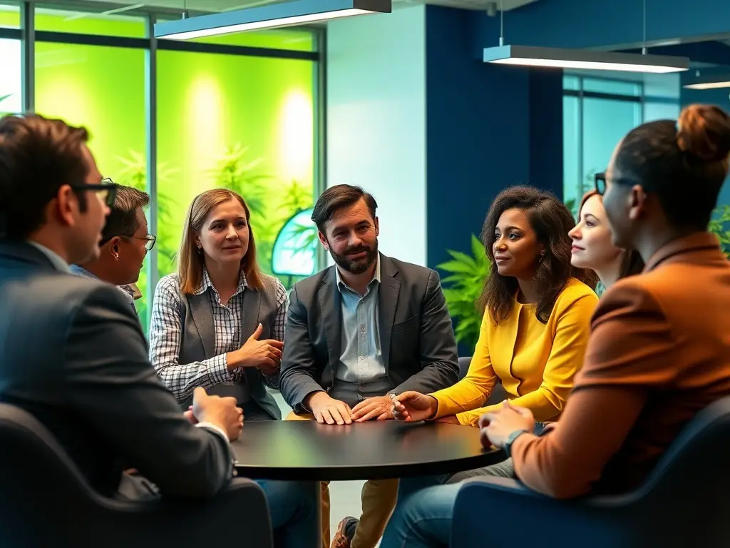 Group discussion among cannabis industry professionals in a modern conference room.